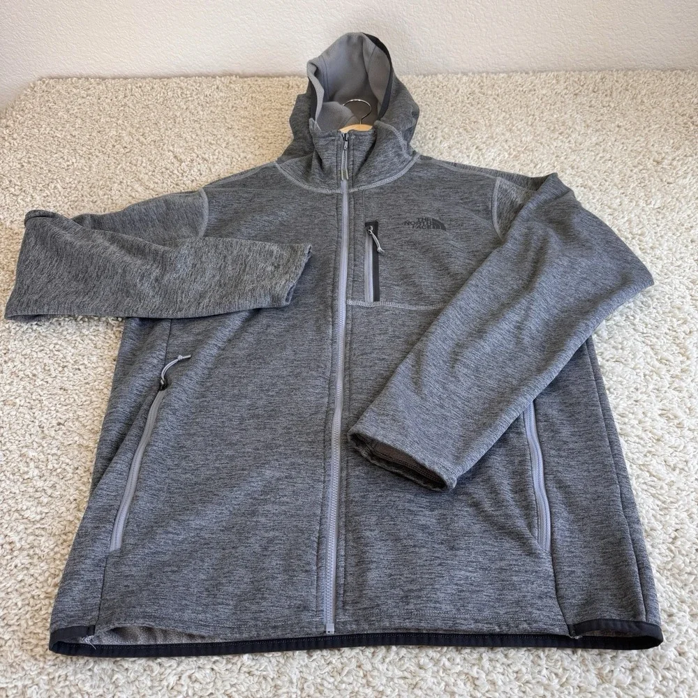 The North Face Mens Large Gray Hooded Full Zip Fleece Jacket Stretch Hiking